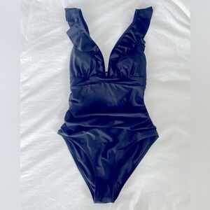 Target women’s one-piece black ruffle swimsuit size medium